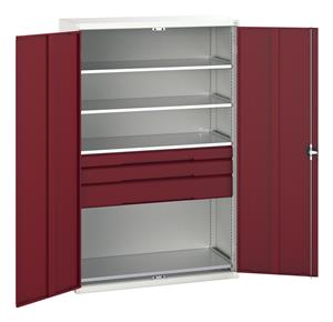 16926655.** Verso kitted cupboard with 4 shelves, 3 drawers. WxDxH: 1300x550x2000mm. RAL 7035/5010 or selected